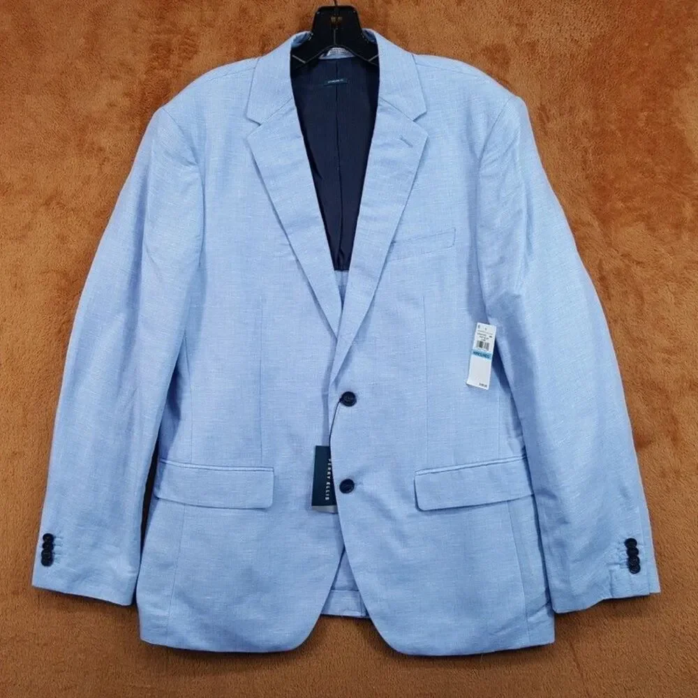 PERRY ELLIS Suit Jacket Mens 40 R Light Blue Herringbone Linen Blend Sport Coat